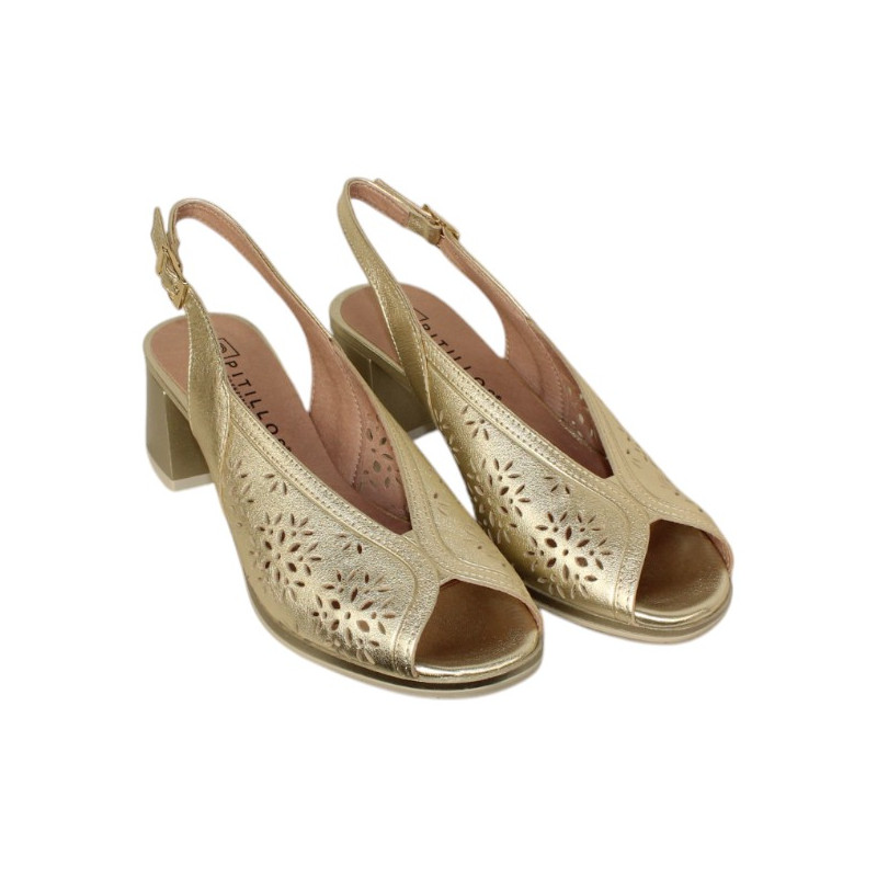 sandalia tacon 4 cm con piel laminada y troquelada