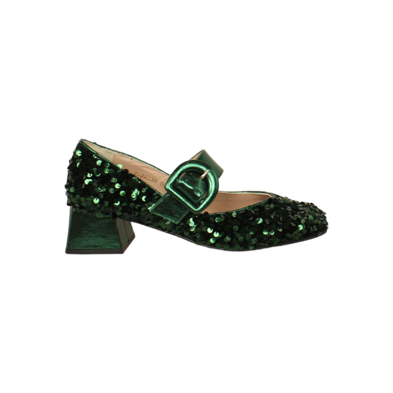 zapato pulsera con punta cuadrada en lentejuelas tacon 5 cm