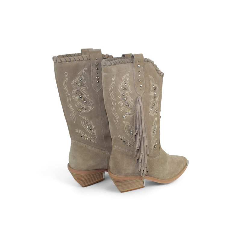 Bota cowboy flecos taupe