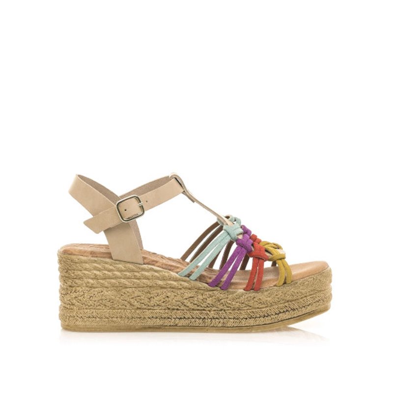 sandalia cuña yute con tiras anudadas multicolor