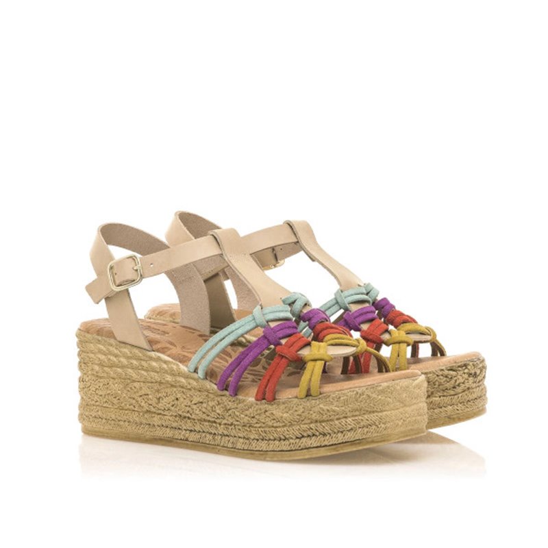 sandalia cuña yute con tiras anudadas multicolor